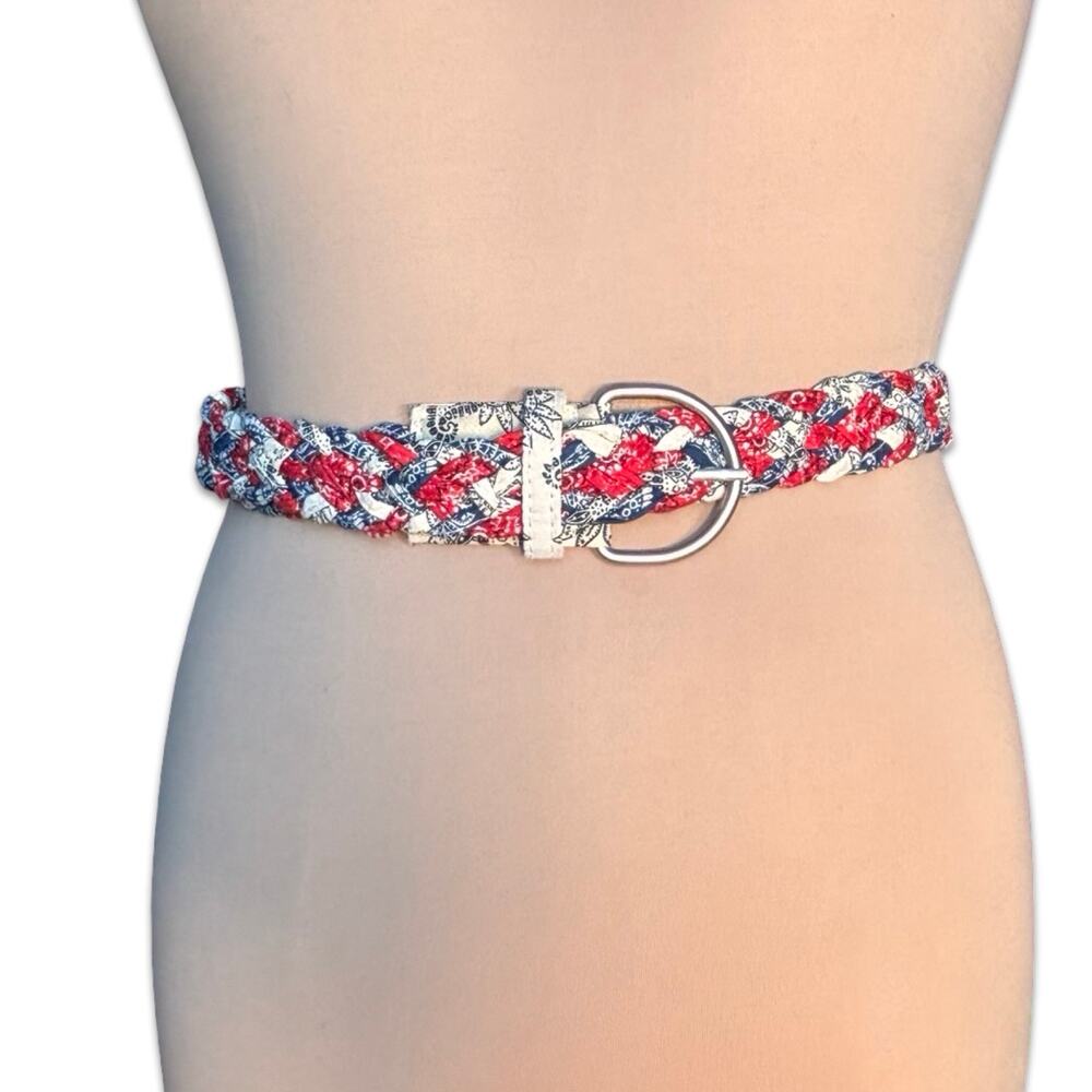 Braided Bandana Print Fabric Belt Red White Blue D Ring Size 7 Western Americana